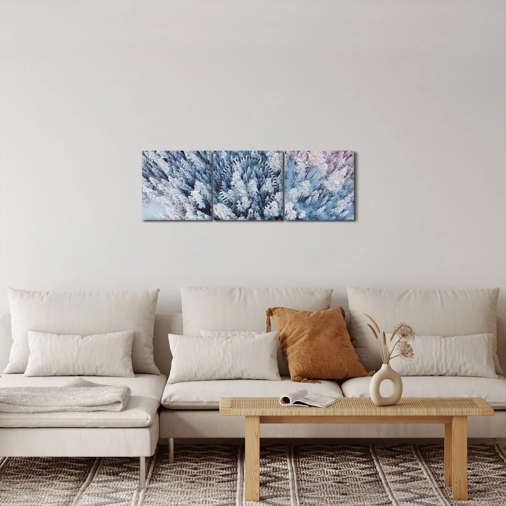 Obraz ośnieżonych drzew (z zegarem) (90x30 cm)