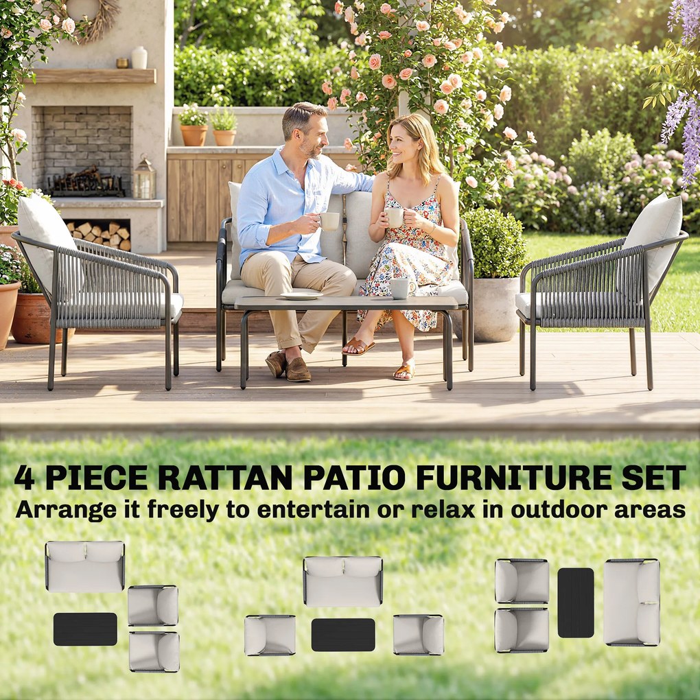 Outsunny Zestaw mebli ogrodowych 4-częściowy Polirattanowa sofa z dwuosobową sofą, 2 fotelami i stolikiem kawowym z poduszkami | Aosom PL