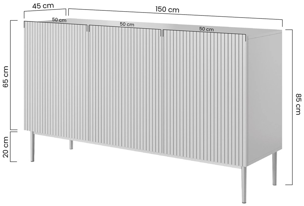 Komoda Nicole 150 cm trzydrzwiowa z ryflowanym frontem - kaszmir / złote nóżki