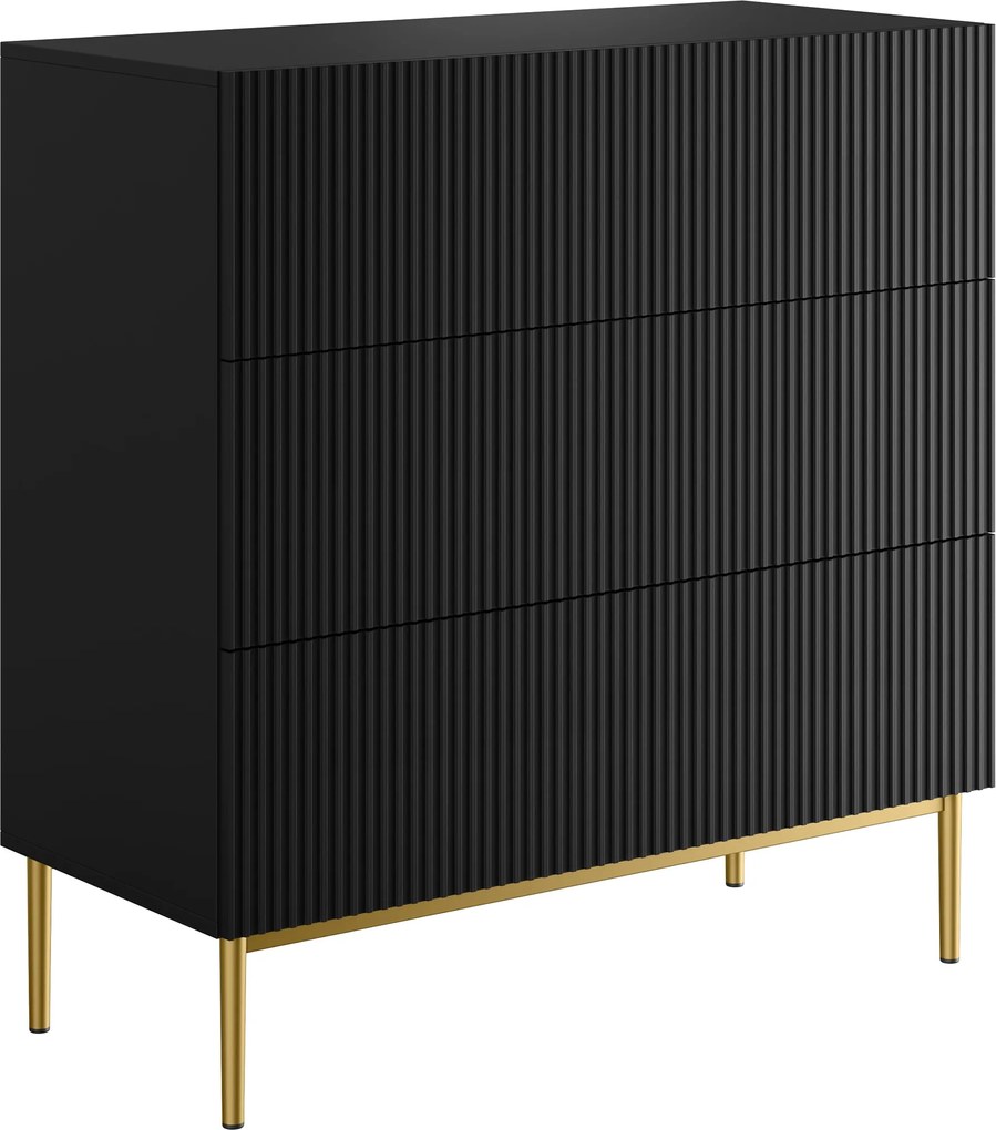 Komoda Nicole 100 cm z szufladami z ryflowanym frontem - czarny mat / złote nóżki