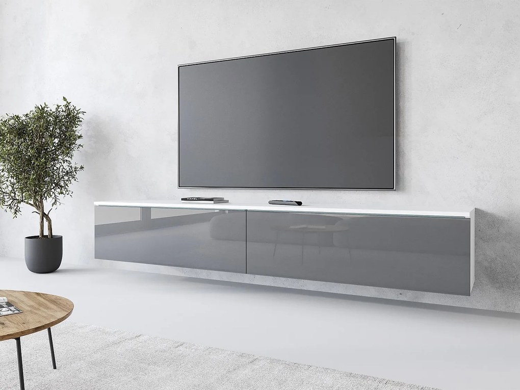 Nowoczesna szafka RTV 180 cm do salonu z LED – 2-drzwiowa, bezuchwytowa, korpus biały mat, fronty szary połysk, stojąca lub wisząca