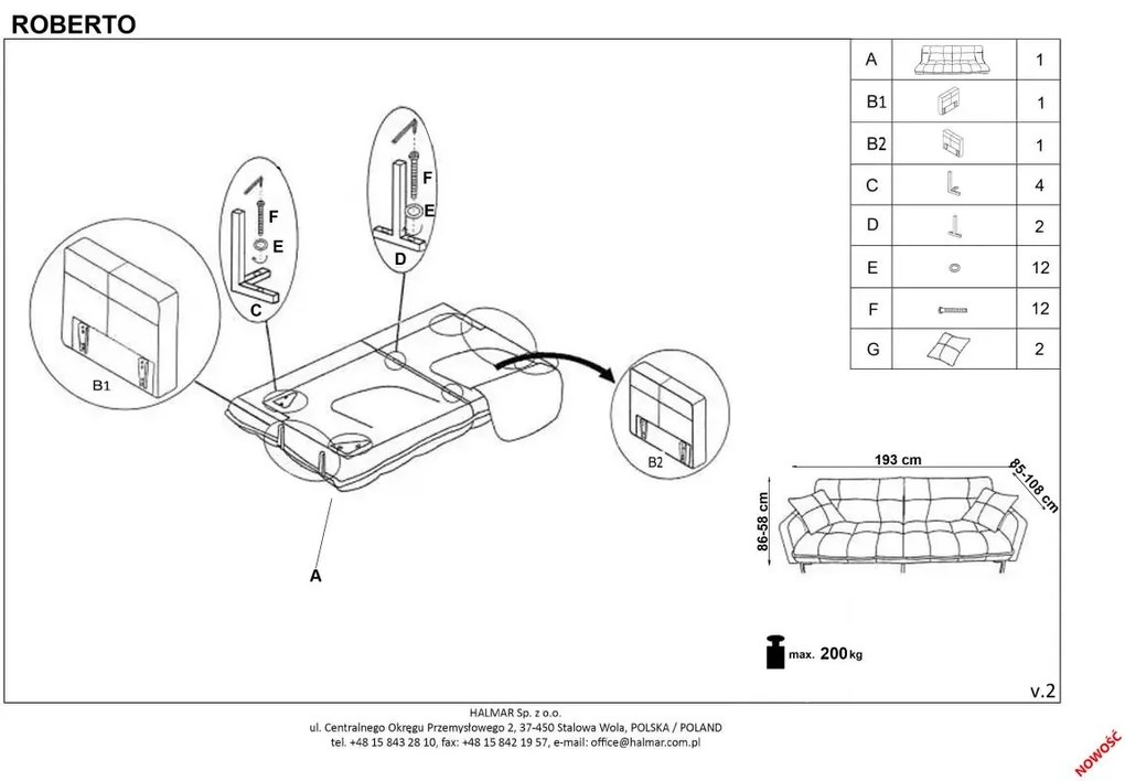Sofa ROBERTO ciemno szara rozkładana HALMAR