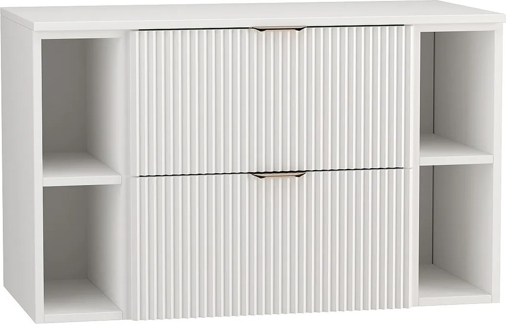 Biały Zestaw Łazienkowy 100cm Szafka Blat Regały Ryflowane Fronty