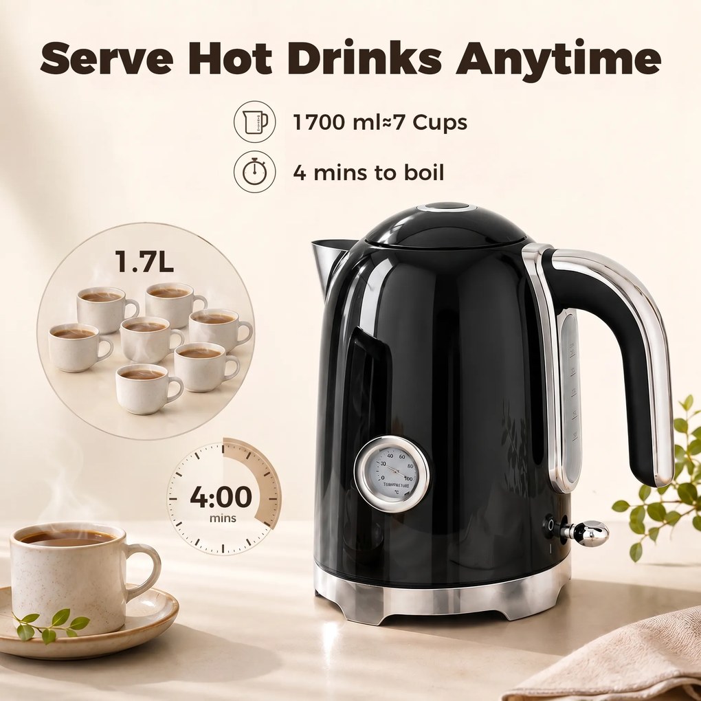 HOMCOM Zestaw czajnik i toster z termometrem, 1,7 l, czajnik 2200 W, toster 2-szczelinowy z 7 stopniami opiekania | Aosom PL