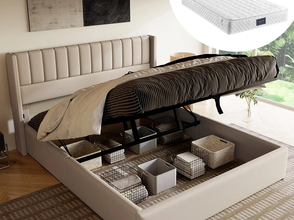 Łóżko z pojemnikiem 140 x 200 cm i zagłówkiem - Tkanina lniana - Pionowy wzór przeszyć - Beżowy + Materac