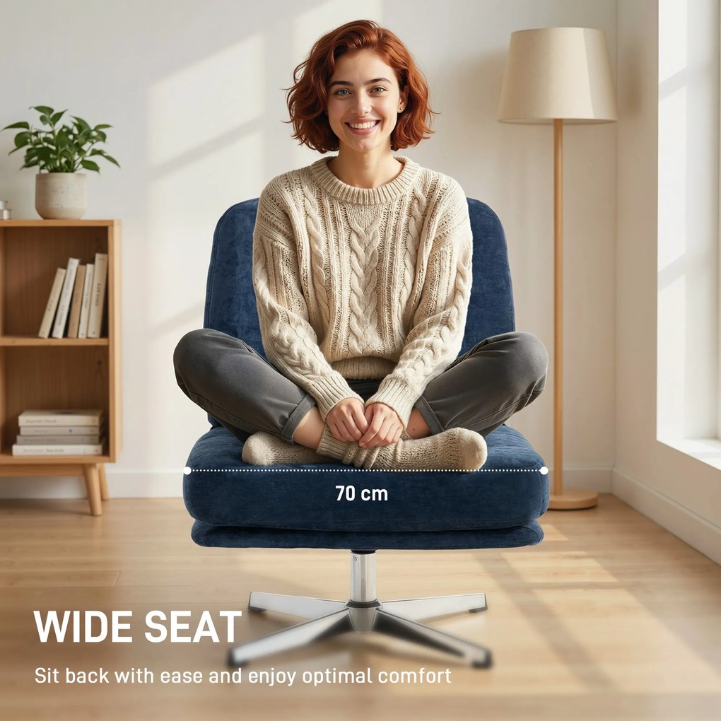 HOMCOM Obrotowy fotel akcentowy, tapicerowany fotel do czytania z tkaniny chenille, szerokie siedzisko, sprężynowe poduszki i metalowe nogi, ciemnoniebieski | Aosom PL