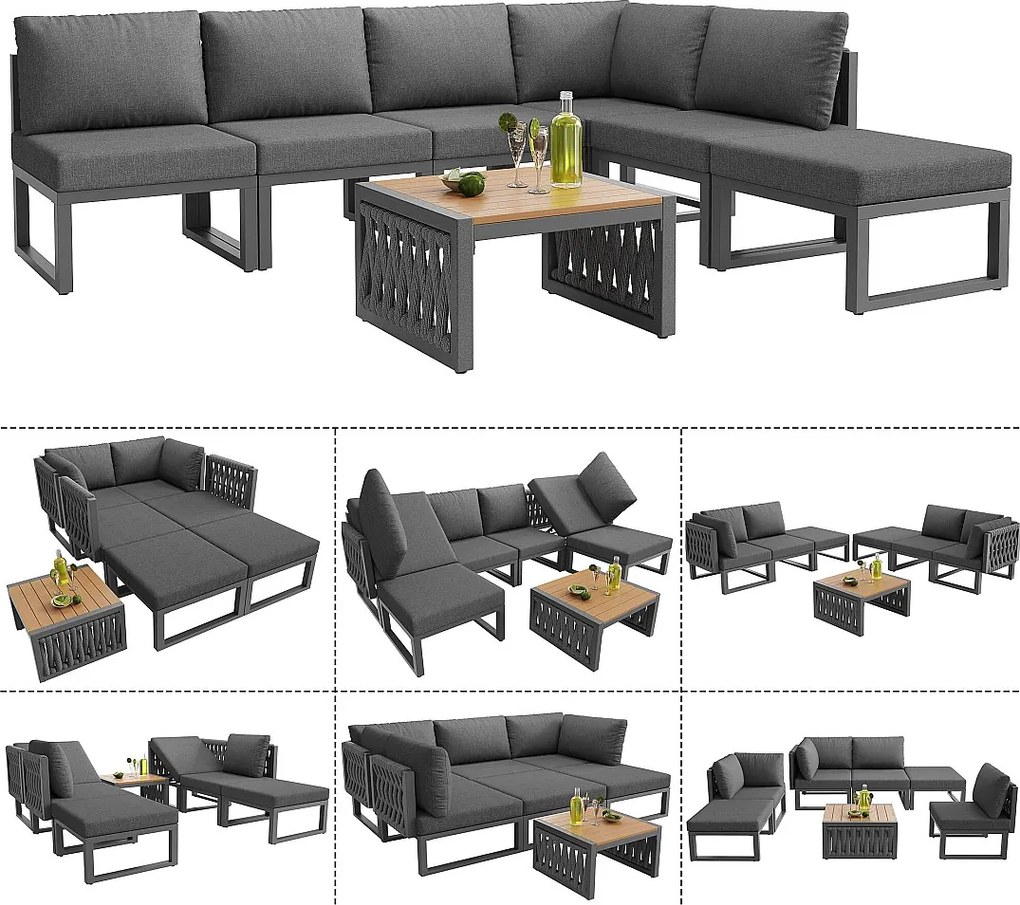 Salon ogrodowy, zestaw mebli, lin, na 5 osób - kanapa narożna - stolik kawowy i drewniany blat - z żelaza ocynkowanego, Szary
