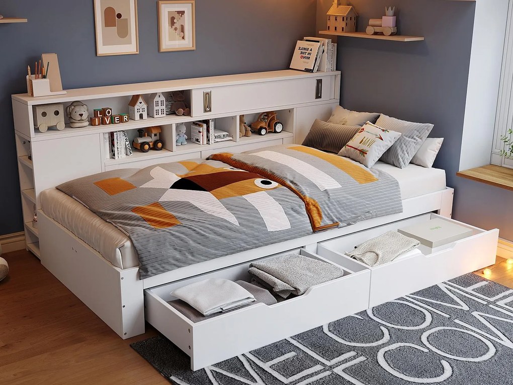 Łóżko-ława 140x200 cm - z 2 szufladami - z półkami i szafkami do przechowywania - MDF - Białe (bez materaca)