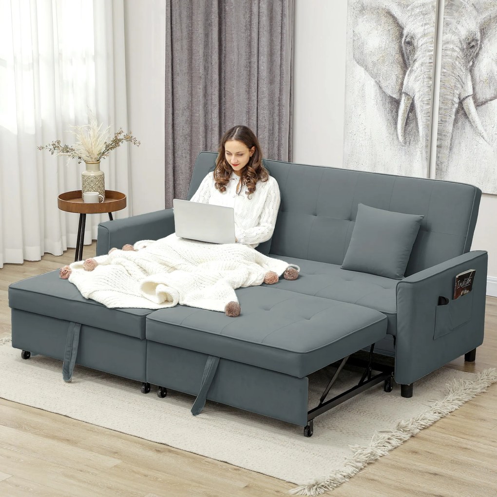 HOMCOM Sofa rozkładana, regulowana 3-osobowa kanapa z funkcją spania, wysuwane łóżko, poduszki, szara