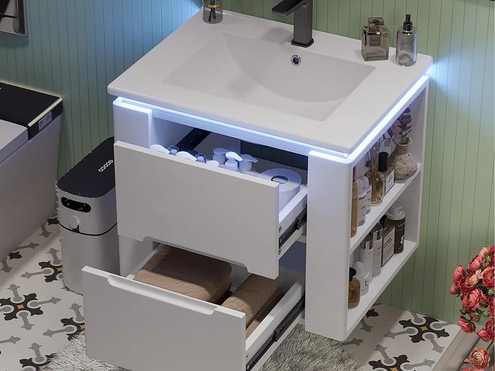 Podwieszane meble łazienkowe z ceramiczną umywalką - z oświetleniem LED - 2 szuflady - 2 boczne półki - biały (bateria nie jest dołączona)