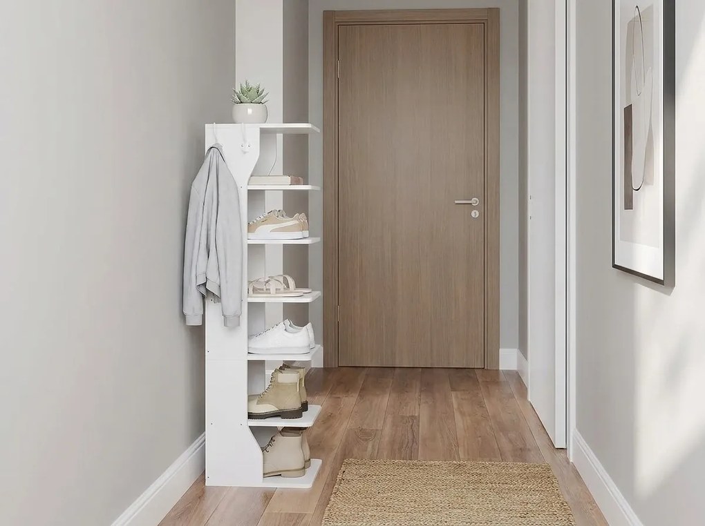 Wysoki szafka na buty SHOVERA z otwartymi półkami, biały
