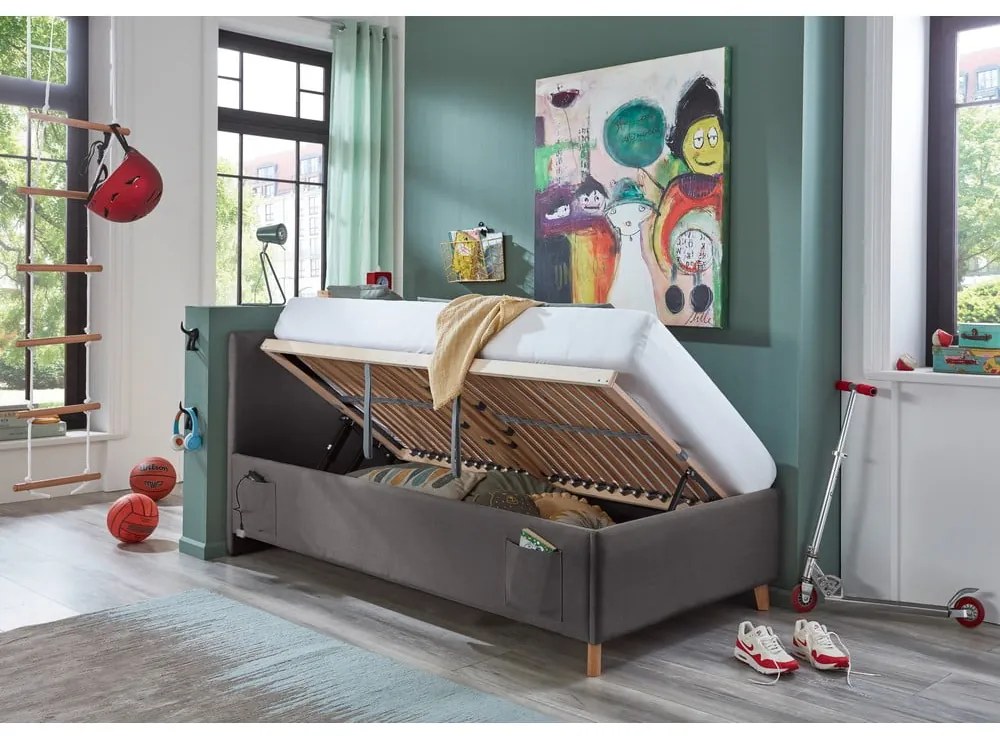 Antracytowe tapicerowane łóżko dziecięce ze schowkiem ze stelażem 90x200 cm Cool – Meise Möbel