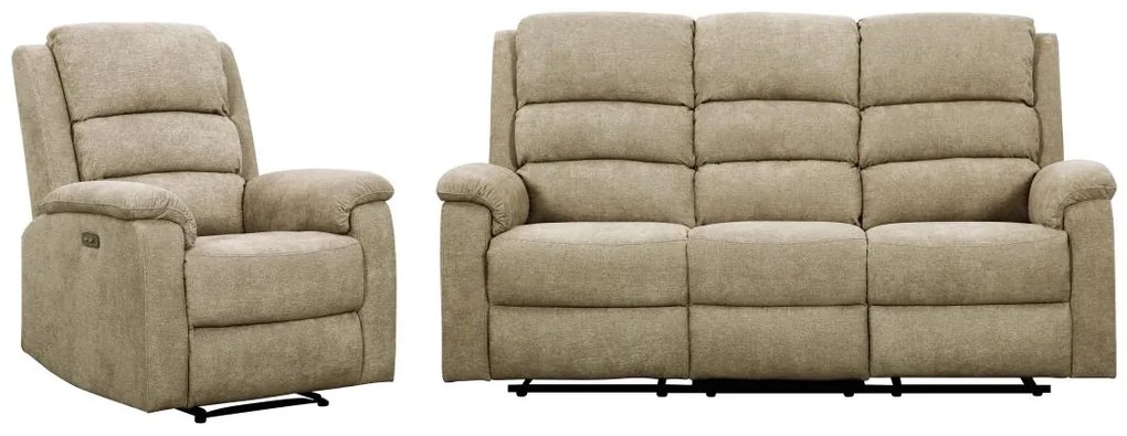 Kanapa 3-osobowa i fotel z elektryczną funkcją relax rozkładany z tkaniny taupe NEVERS