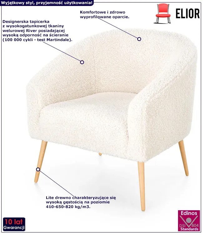 Nowoczesny fotel wypoczynkowy boucle kremowy+naturalny  - Rea 4X