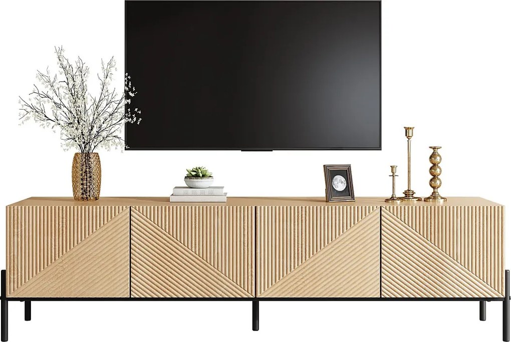 Nowoczesna szafka RTV - 163,5 x 40 x 45 cm - z 4 drzwiami - geometryczny wzór i faktura 3D - MDF - naturalny