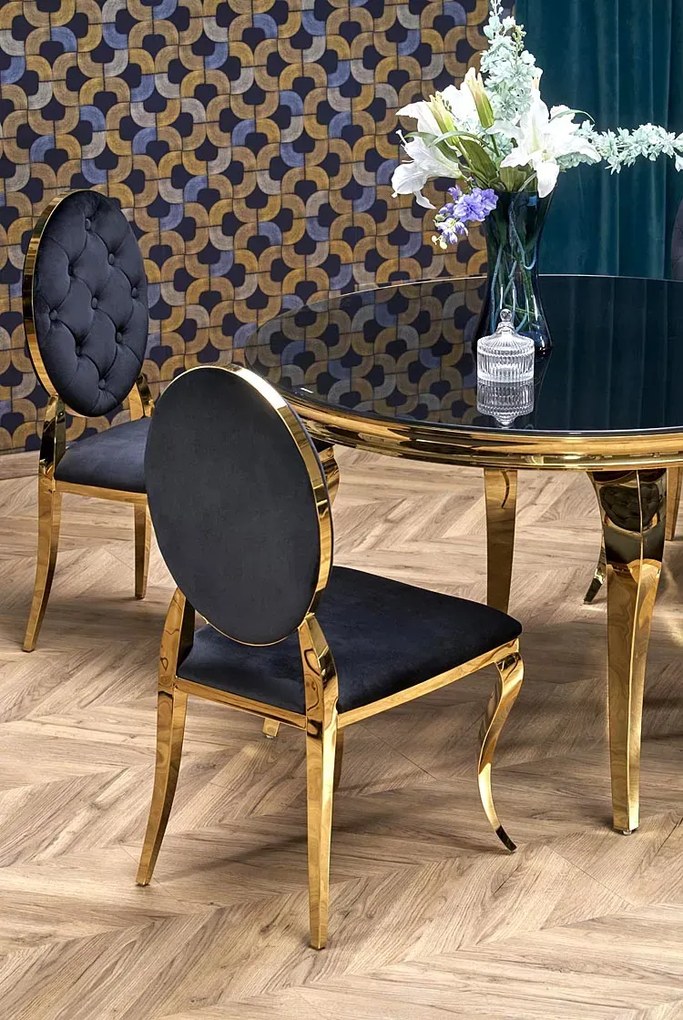 Okrągły stół w stylu glamour z czarnym szklanym blatem - Dalina