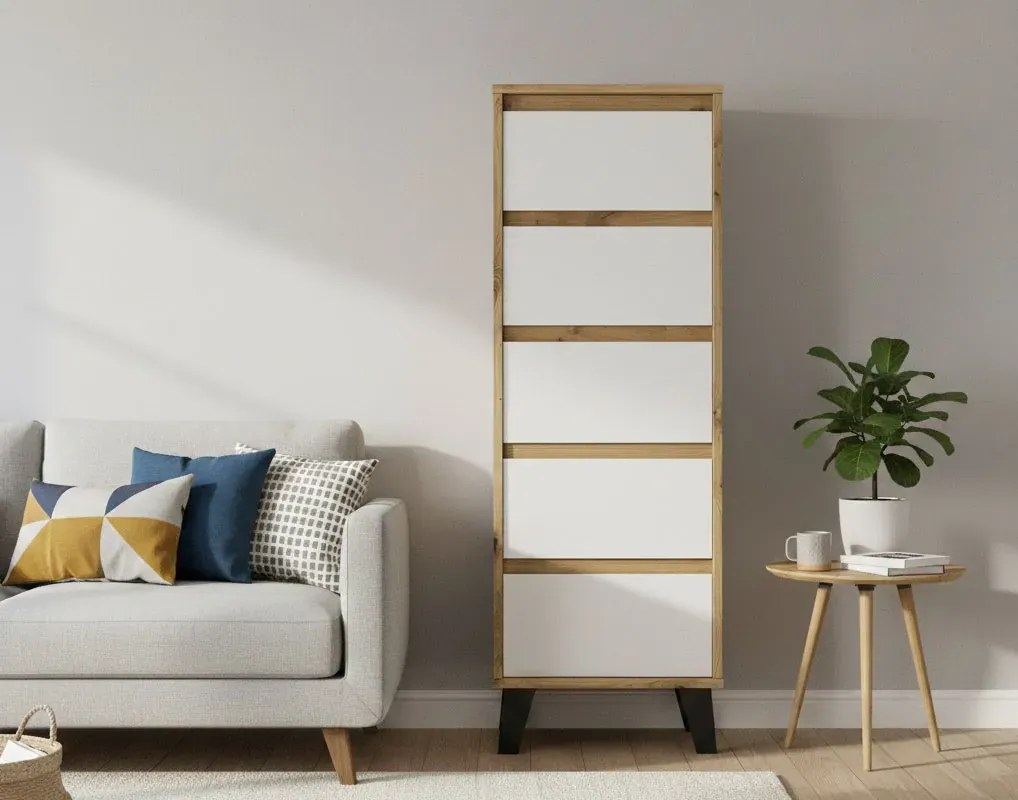 Wysoka komoda na nóżkach z 5 szufladami dąb artisan + biały M0-S86