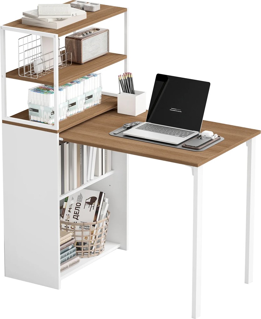 HOMCOM Biurko składane z 4 półkami Biurko komputerowe Stół do pracy 105 x 60 x 127 cm Drewno naturalne | Aosom PL