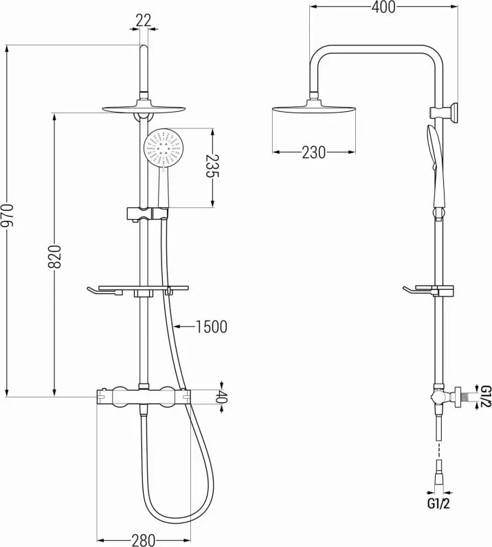 Mexen KT67 zestaw prysznicowy natynkowy z deszczownicą i baterią termostatyczną, czarny - 771506793-70