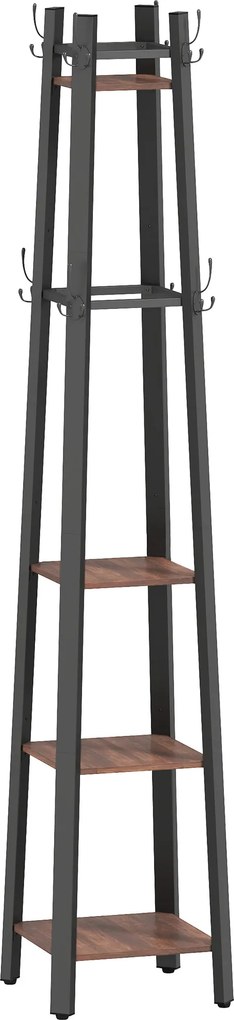 HOMCOM Wieszak na odzież z 4 poziomami, wolnostojący wieszak z 8 hakami, 4 półki, styl industrialny, metal, płyta wiórowa, brązowy