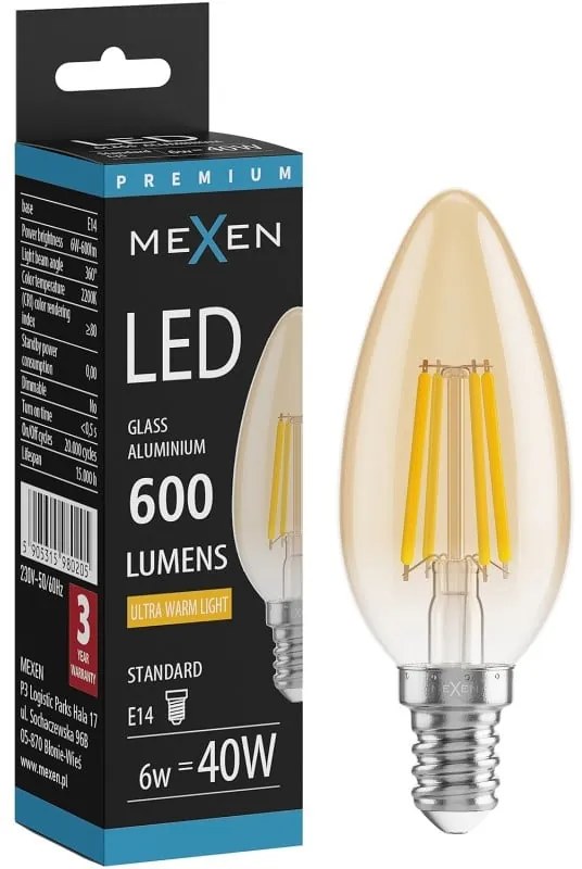 Mexen Vintis żarówka filament LED E14, C35, 6W, Ciepła - 2200K, 600 lm, amber - L154-E14-0622-50
