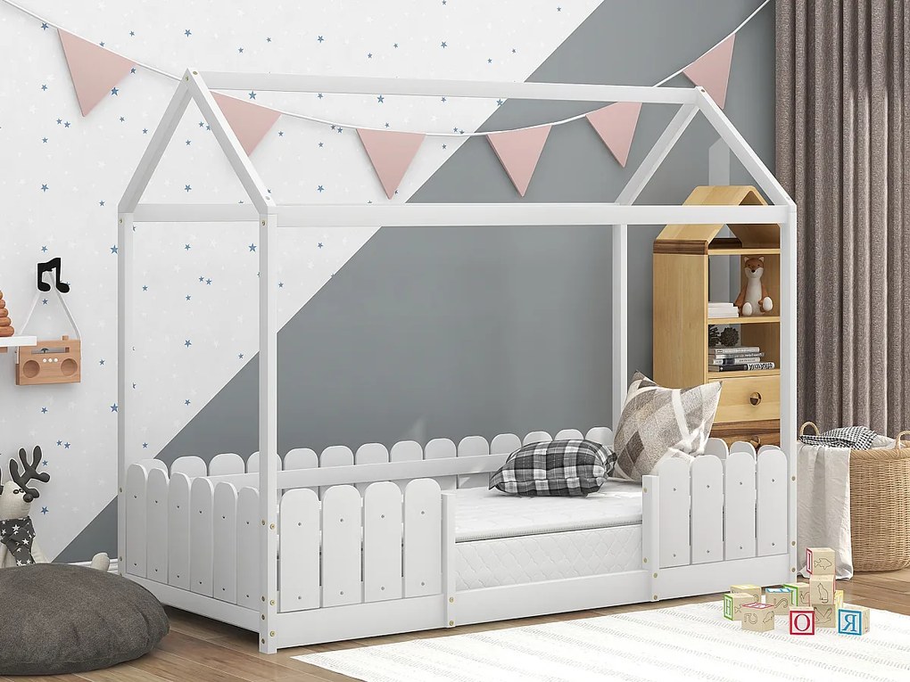 Łóżko dziecięce kabinowe - 90 x 200 cm - lite drewno - barierka i stelaż listwowy - białe