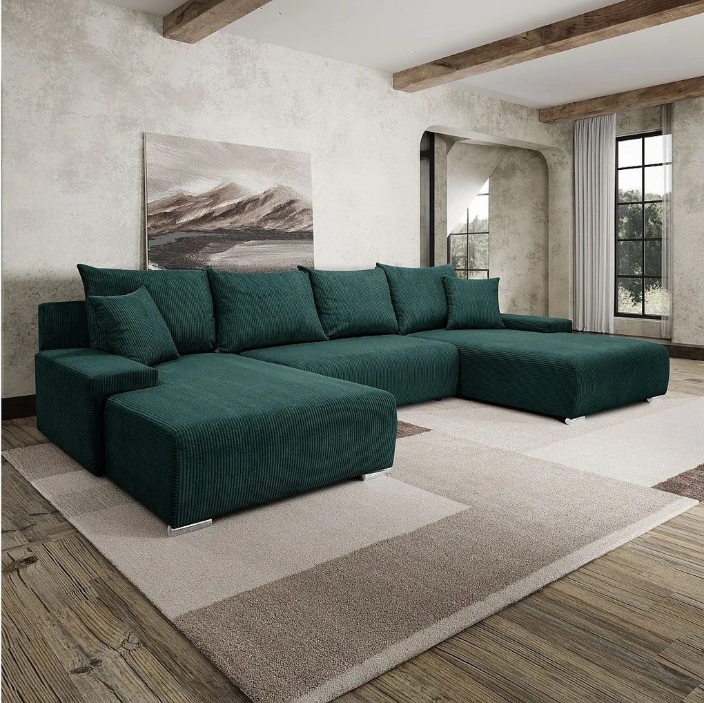 Narożnik, Sofa w kształcie U, tkanina sztruksowa Poso, Zielony, Livorno U