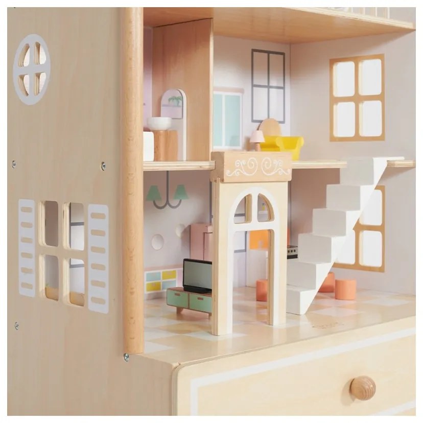 Classic world duży drewniany domek dla lalek 2 figurki naturalne drewno 28 el.