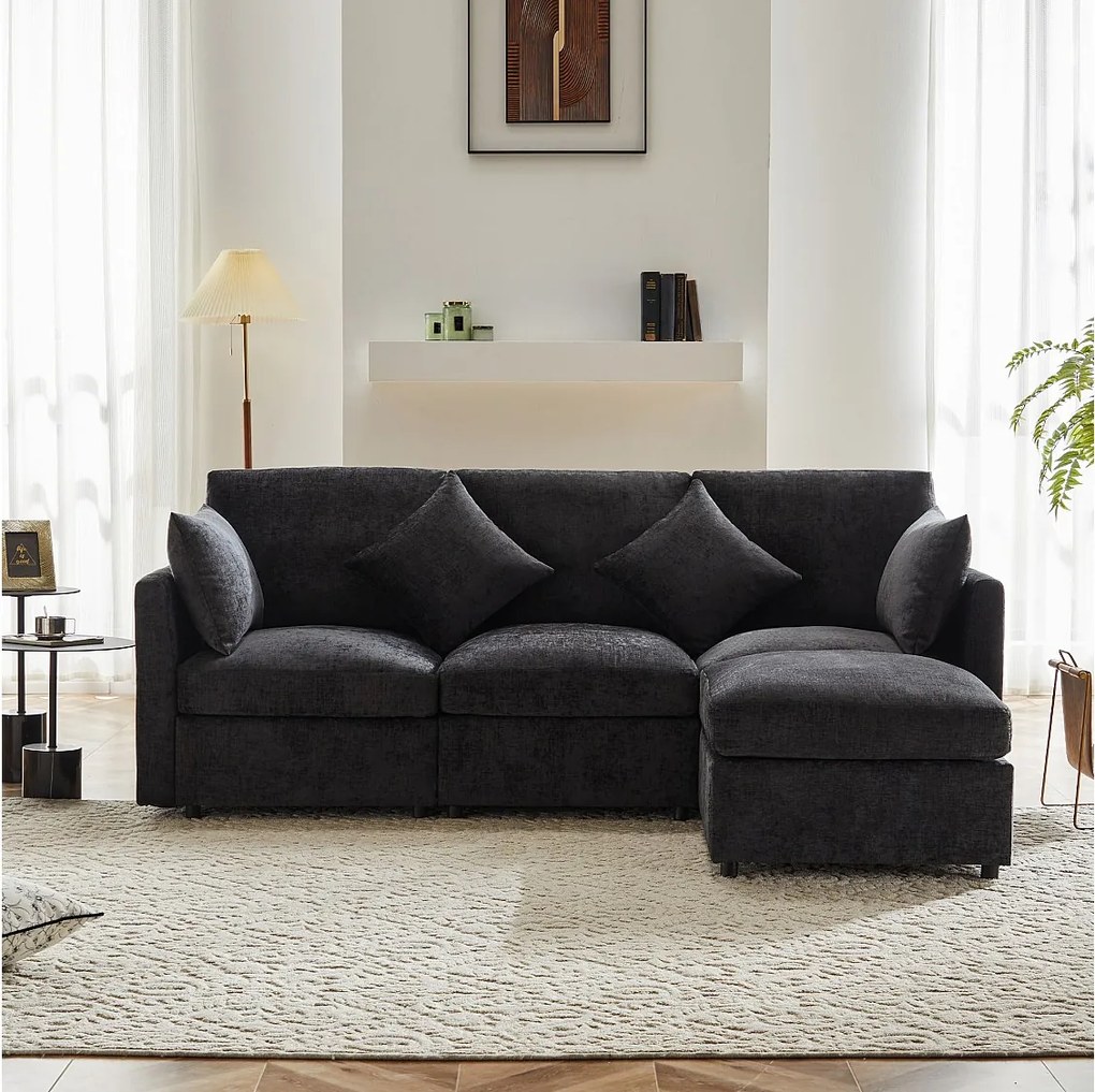 Narożnik L-kształtny 4-osobowy - 216 x 161 x 81 cm - z podnóżkiem - tkanina szenilowa - szary