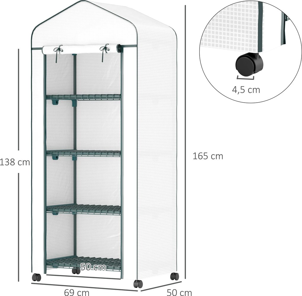 Outsunny Szklarnia foliowa, Treibhaus, Mini-szklarnia, Dom roślinny, Radliny, 4 poziomy półek, 69 x 50 x 165 cm, Biały