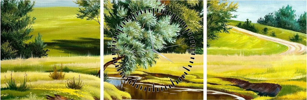 Obraz - rzeka między łąkami, obraz olejny (z zegarem) (90x30 cm)