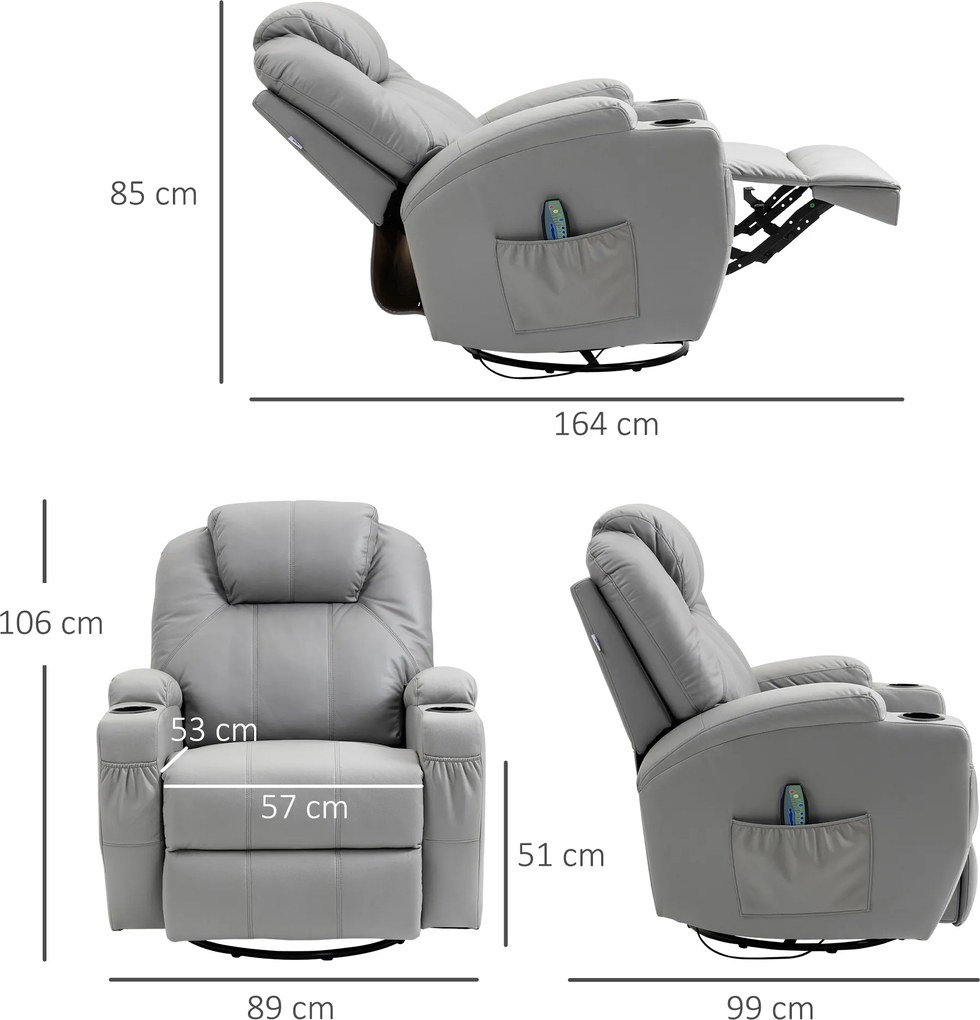 HOMCOM Fotel masujący z funkcją relaksu szary skórzany wygodny fotel do salonu z masażem | Aosom PL