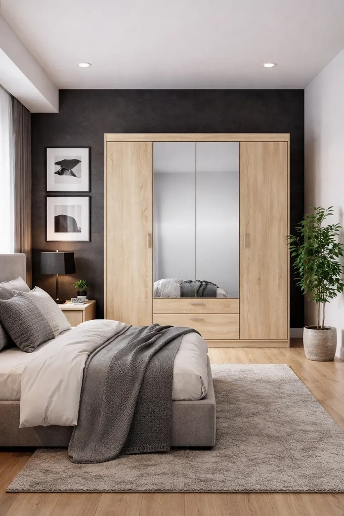 Czterodrzwiowa garderoba z szufladami i lustrem dąb sonoma F4-P72