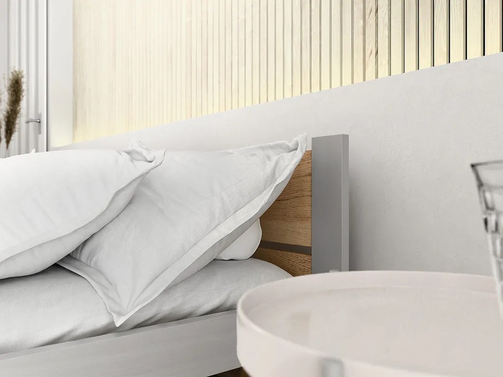 Łóżko IKAROS DOUBLE 160 x 200 cm, dąb artisan/szary Stelaż: Ze stelażem listwowym rolowanym elastycznym, Materac: Bez materaca