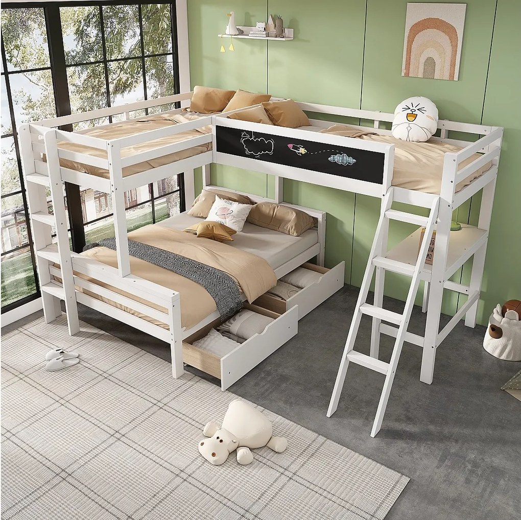 Łóżka piętrowe 140 x 200 cm + 2 x 90 x 200 cm z biurkiem i 2 szufladami - Drewno lite - Białe (bez materaca)