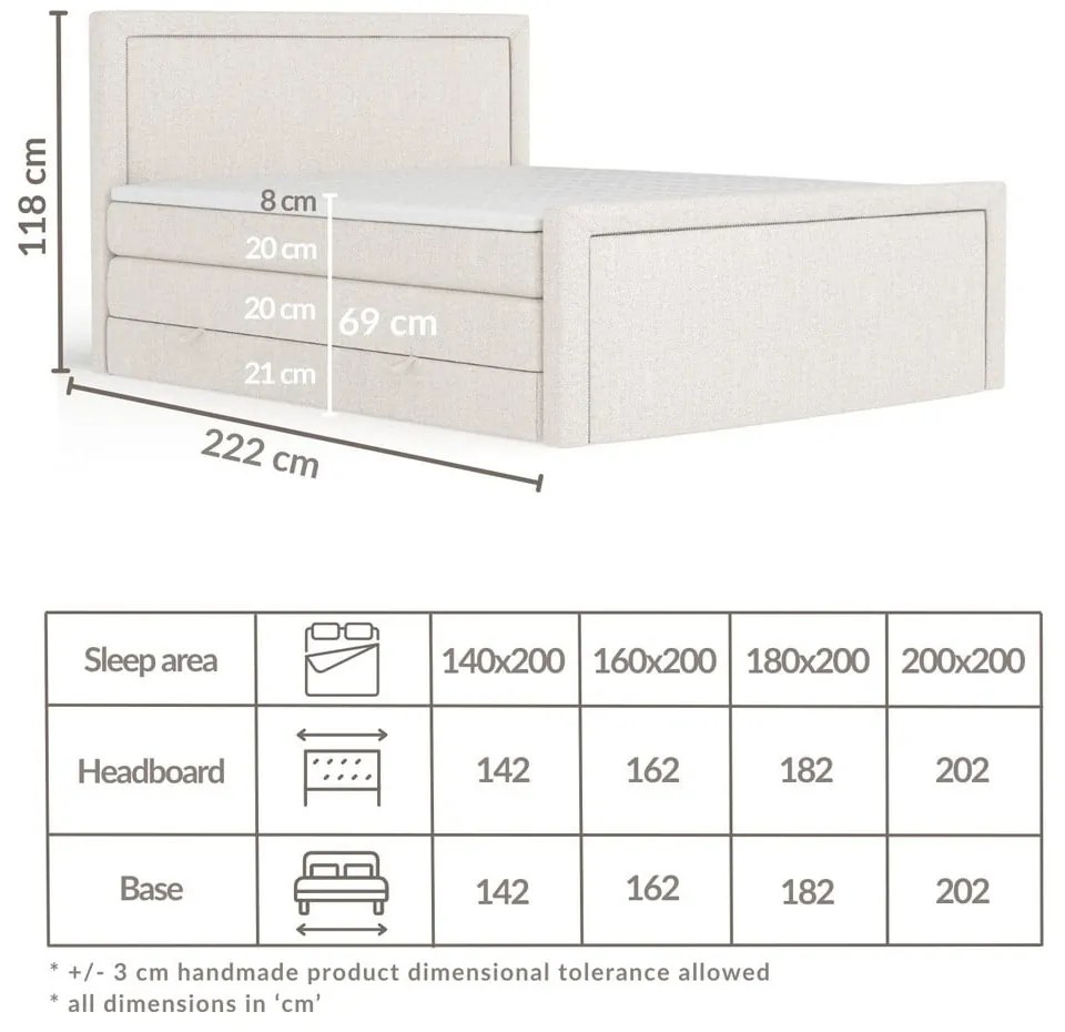 Beżowe łóżko kontynentalne ze schowkiem 200x200 cm Lavenda – Maison de Rêve