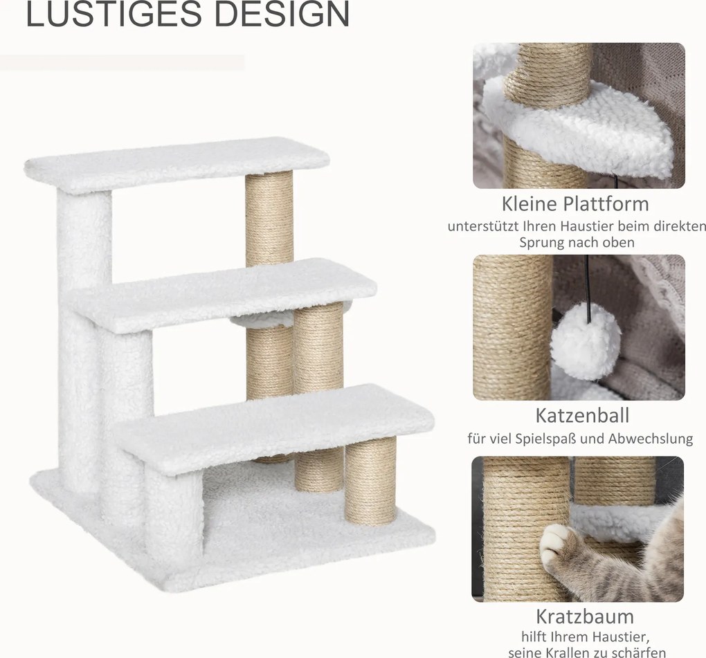 PawHut Schody dla psa i kota z drapakiem 3 poziomy białe 45x40x48 cm plusz juta rampy do łóżka legowisko słupek z piłeczką dla małych psów | Aosom PL