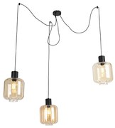 Designerska lampa wisząca czarna z bursztynowym szkłem 3-światłowa 226 cm - QaraDesignerski Oswietlenie wewnetrzne
