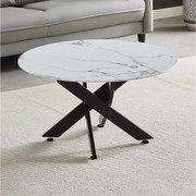 Okrągły stolik kawowy – Hartowane szkło z efektem białego marmuru – Czarny metal – CHIARA