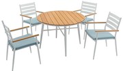 Zestaw mebli ogrodowych jadalnianych z drewna i aluminium: stół o śr. 110 cm i 4 fotele - Biały i naturalny jasny - MIAMI marki MYLIA