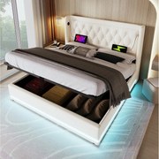 Łóżko ze schowkiem 180x200 cm - biały PU - łóżko dwuosobowe z ładowaniem przez USB i oświetleniem przez LED - bez materaca