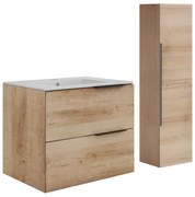 Szafka łazienkowa wisząca  z umywalką do zabudowy i kolumną - Jasny naturalny - 60 cm - NISAYA