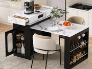Centralna wyspa kuchenna - stół rozsuwany - z gniazdkiem elektrycznym - z kółkami i miejscem do przechowywania - z haczykiem - Czarny + Biały