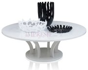 Biały, okrągły stół, wysoki połysk, styl modernistyczny.