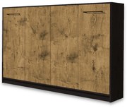 Półkotapczan/łóżko w szafie poziome BASIC 140x200 dwuosobowe Dąb Lancelot/czarny mat z dodatkowymi szafami i nadstawką