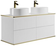 Szafka łazienkowa wisząca  ryflowana ze złotą listwą i dwoma okrągłymi umywalkami nablatowymi - Biały - 120 cm - KELIZA