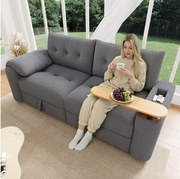 Nowoczesna sofa 2-osobowa - 207,5 x 80 x 87 cm - ze schowkiem + zagłówkiem + wbudowanym stolikiem bocznym - welur - szary