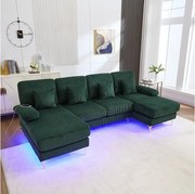 Sofa 4-osobowa z zielonego aksamitu z oświetleniem LED i portem USB - nowoczesny design w kształcie U