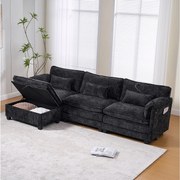 Sofa 3-osobowa, sofa narożna z portem USB, kieszeniami bocznymi i uchwytem na telefon - Czarny szenil