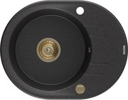 Mexen Kevin zlewozmywak granitowy 1-komorowy z ociekaczem 586 x 458 mm, czarny/srebrny metalik, syfon złoty - 6517581005-73-G